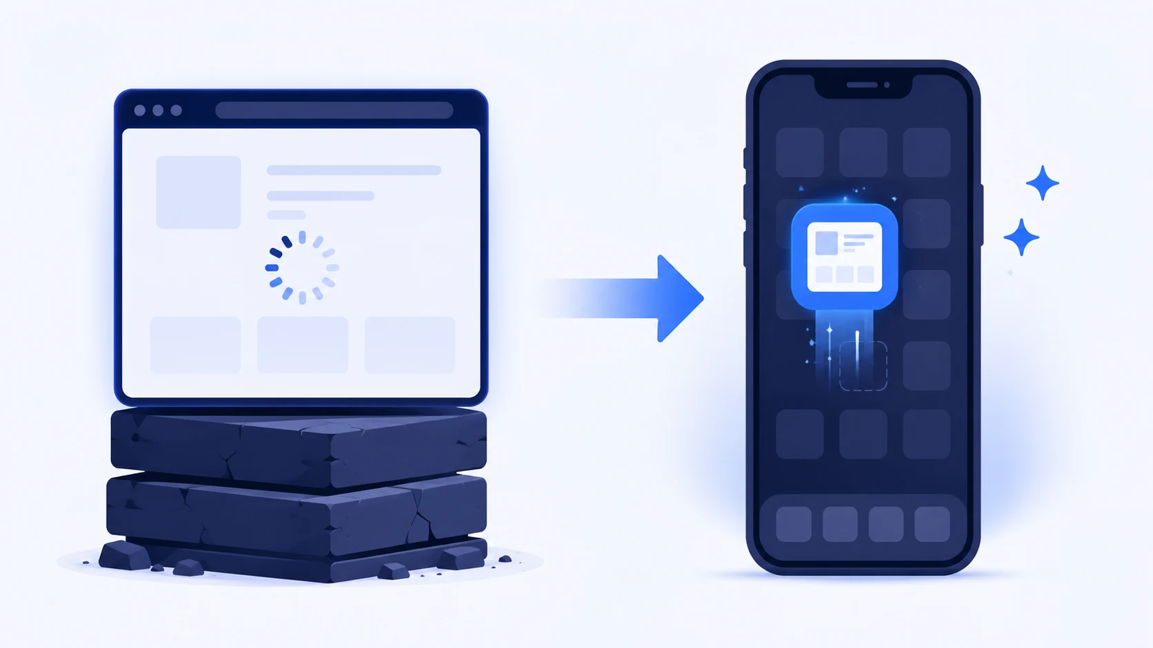 A heavy, slow website turning into a light, app-like PWA