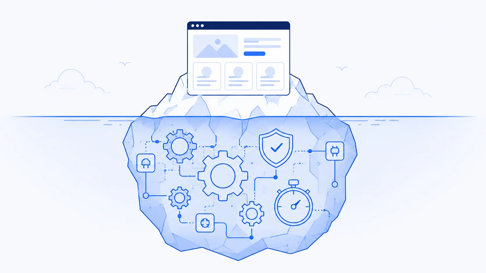 Website cost as an iceberg: the visible design above the water, and the invisible work below — speed, security, and integrations